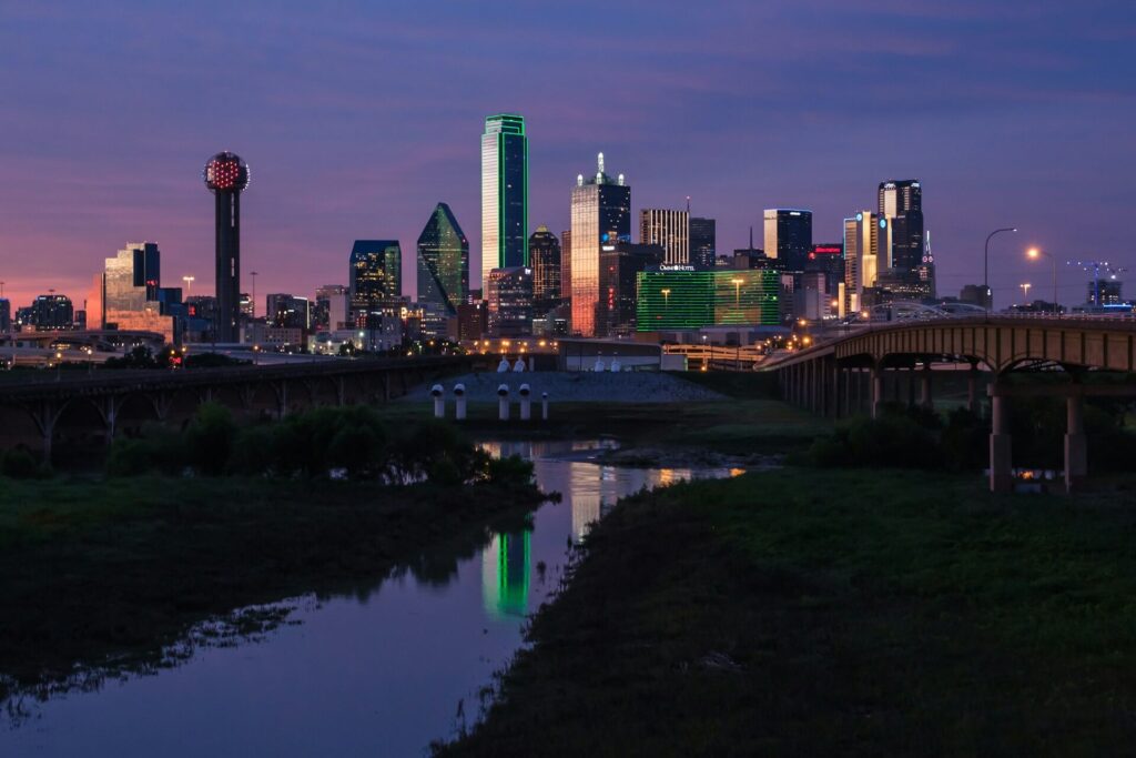 The Dallas skyline taken from the Trinity River