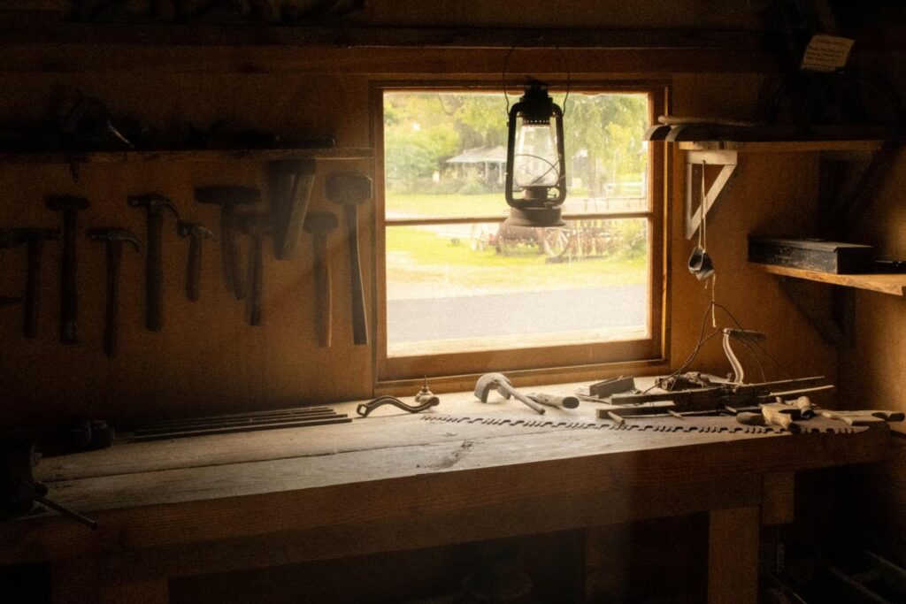 wooden workbench by window