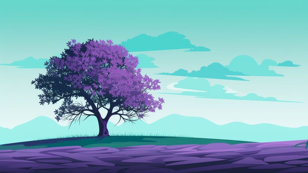 a large purple oak tree in a field