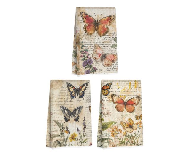 Dry dishes in style with vintage butterfly motif kitchen towels.