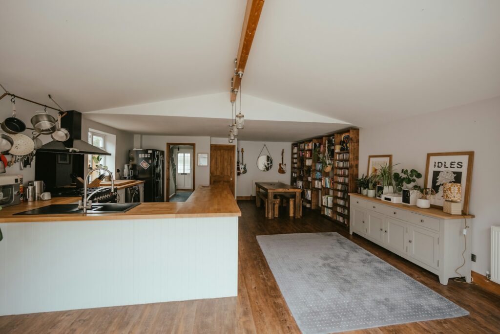 Cluttered open-plan living.