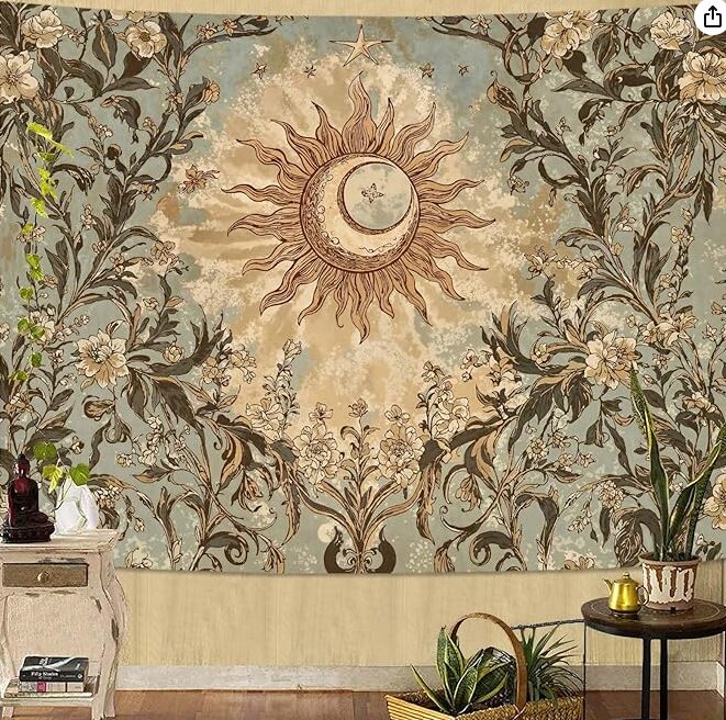 The soft, muted tones of this wall tapestry subtly welcome spring.