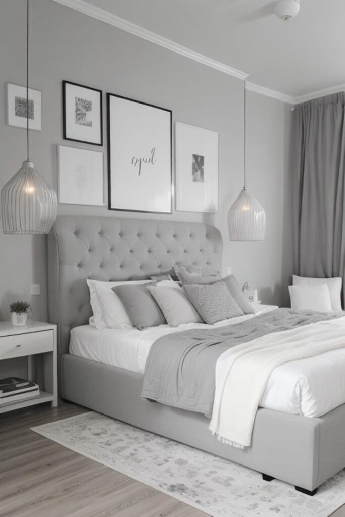 Bedroom with white gray walls and bedding with white accents