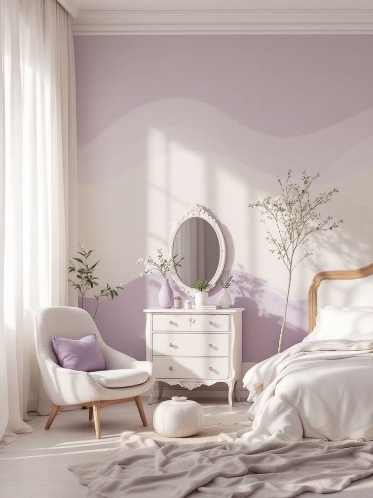 Bedroom with lavender and off-white walls and furniture