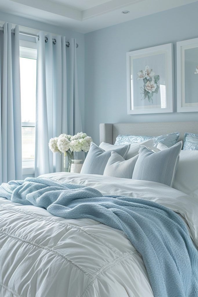 Bedroom with soft blue walls and bedding with white accents