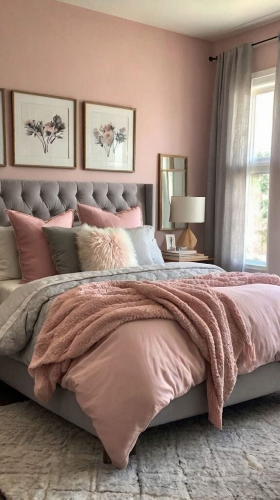 Bedroom with charcoal gray and blush pink walls and beddings