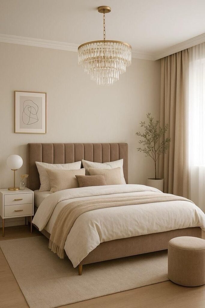Bedroom with warm beige and cream walls and bedding