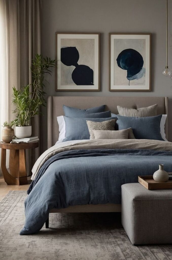 Bedroom with taupe bed and walls and dusty blue bedding