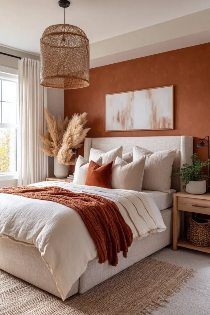 Bedroom with terracotta walls and warm white bedding with orange accents