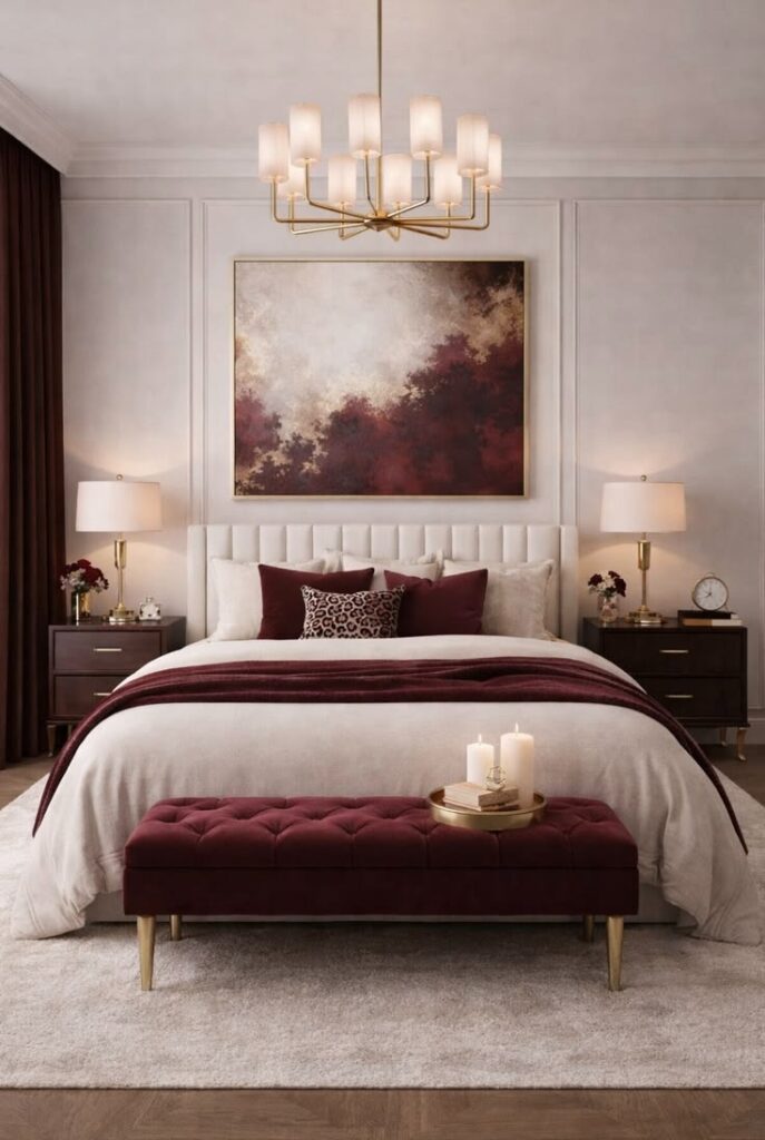 Bedroom with soft white walls and burgundy accents and bedding