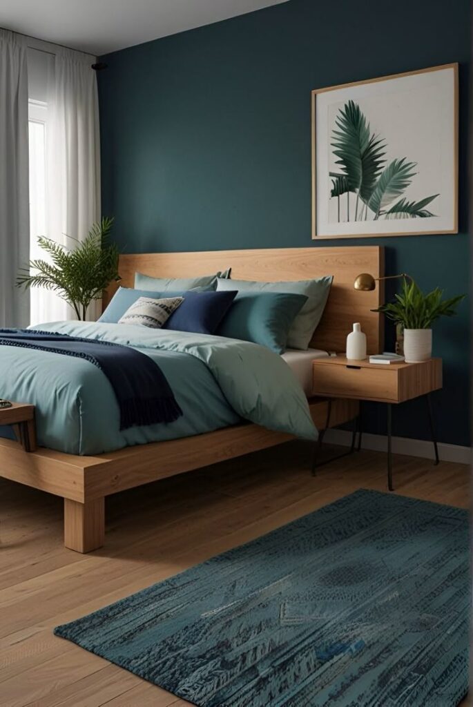 Bedroom with teal walls and bedding and wood furniture