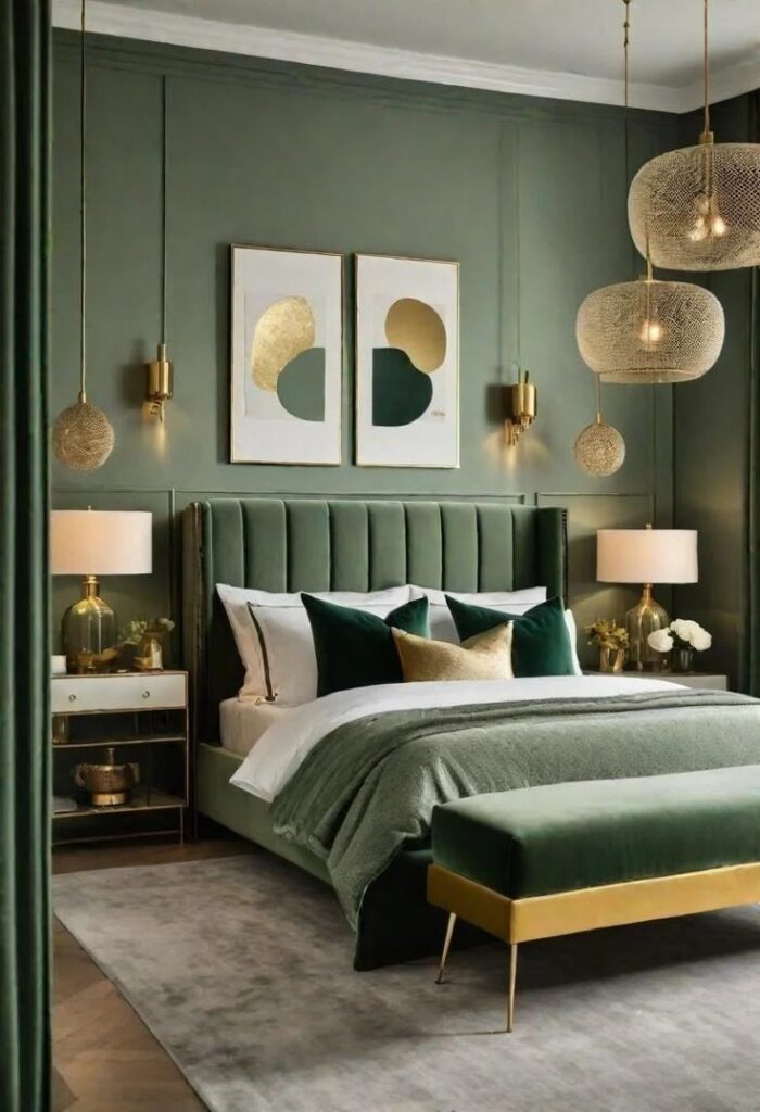 Bedroom with forest green walls and bedding and gold furniture and decoration accents