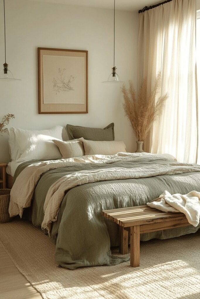 Bedroom with beige walls and pale green bedding