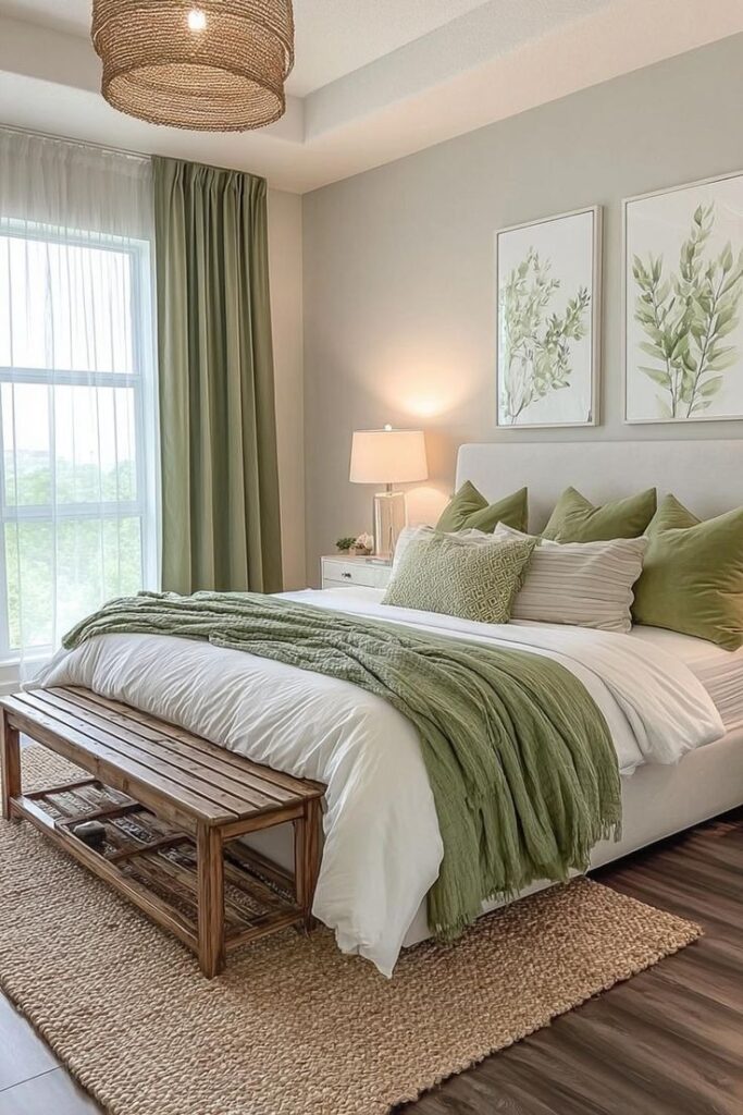 Bedroom with soft white walls and bedding with sage green accents