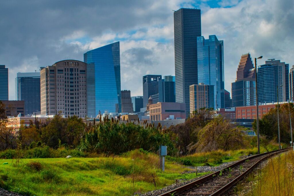 View of Houston city from railway line