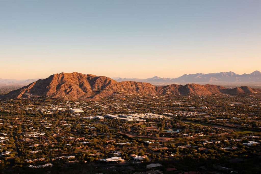 Aerial view of Phoenix showing mountain and clear sky