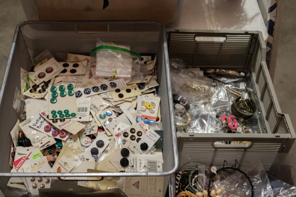 A junk drawer filled with small items