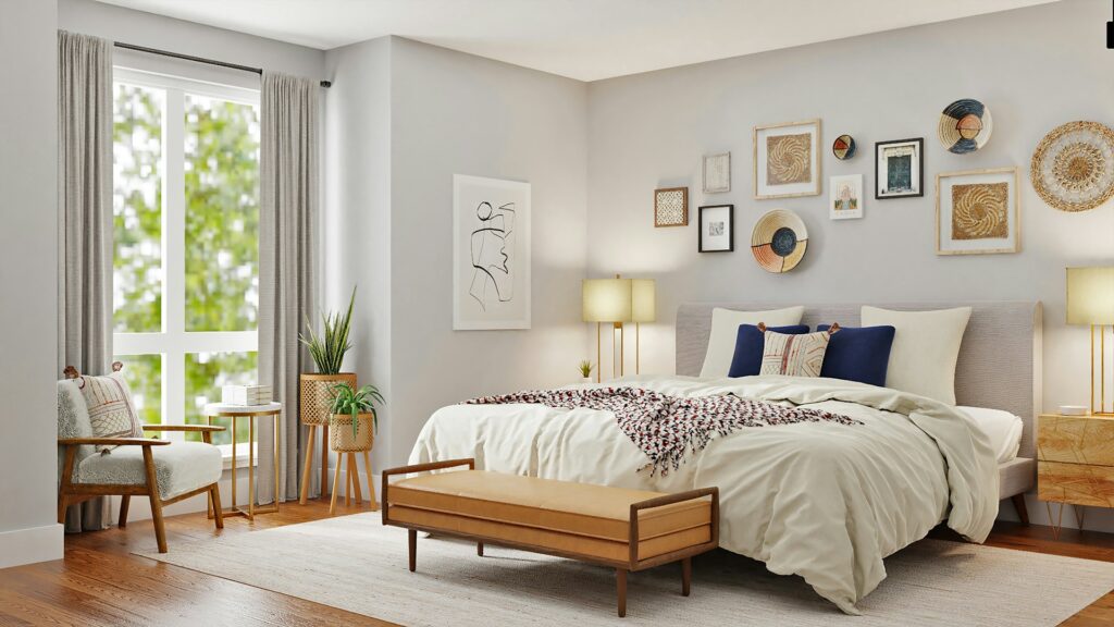 Bedroom with white walls and colorful accents